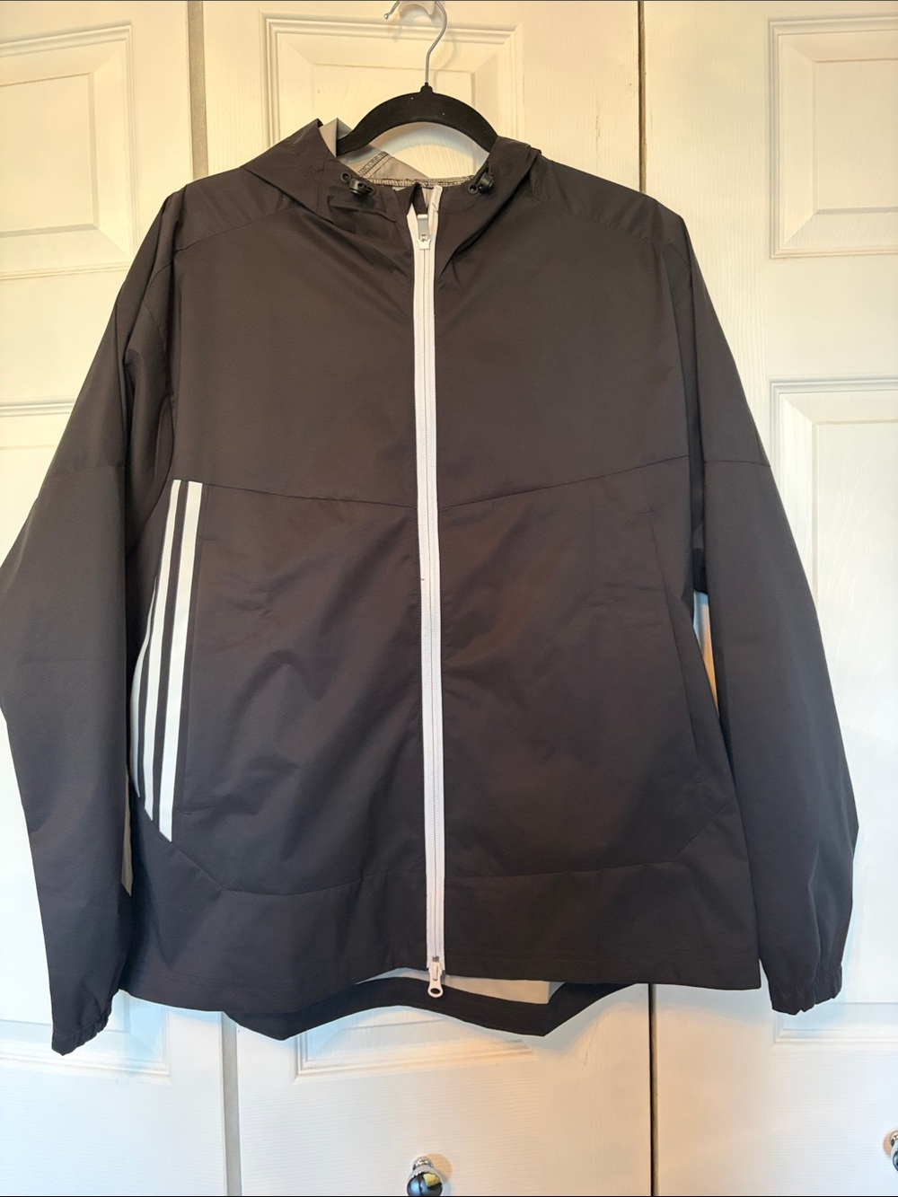 Adidas Black Hooded Windbreaker Jacket with White Trim XL